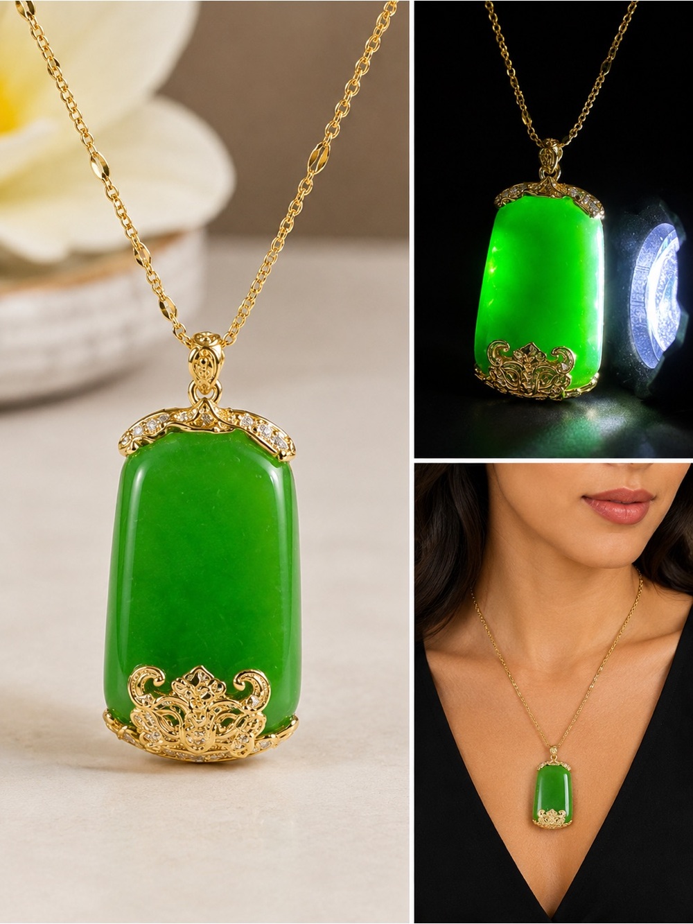Gold-Tone Green Jade Pendant Necklace